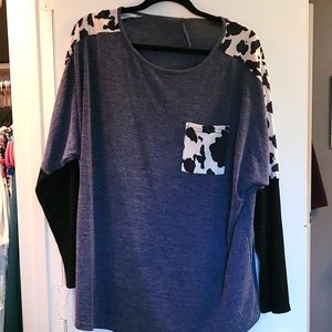 Heathered blue black and cow print tshirt